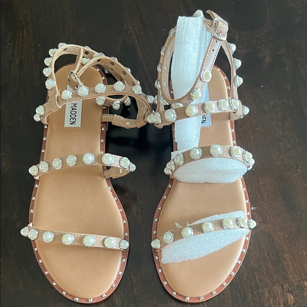 Steve Madden Tan Pearl-Studded Multi-Strap Sandals